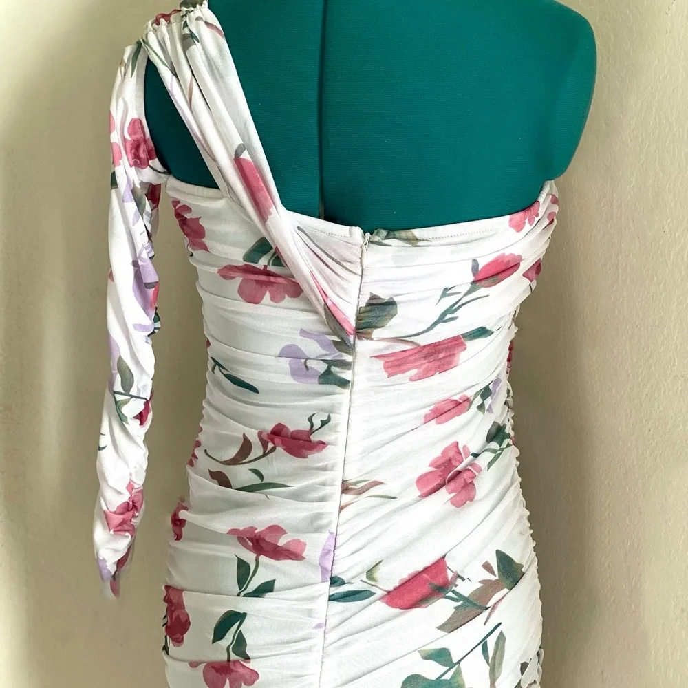 Pink and White One Shoulder Midi Bodycon Dress for Wedding Guest Size M - Picture 5 of 8